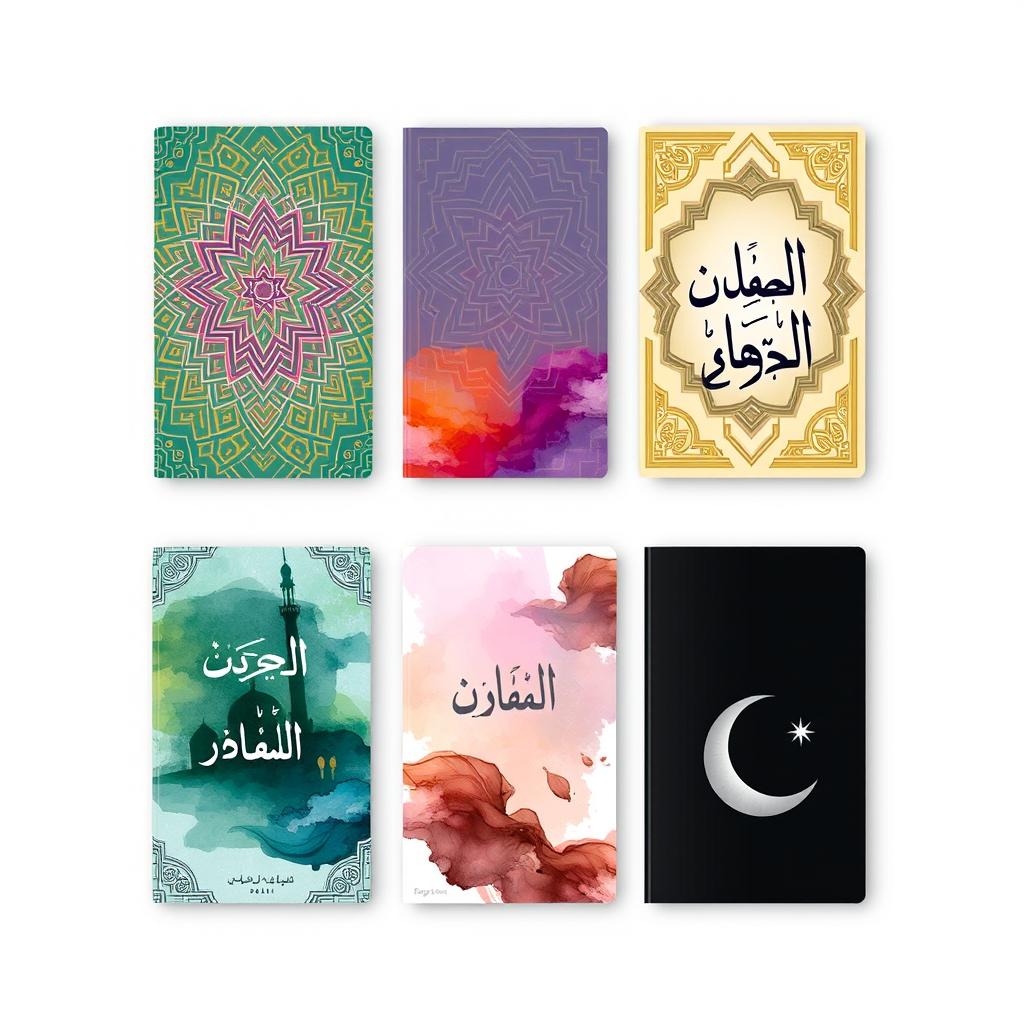 A series of five Islamic-themed modern book covers, each showcasing a unique blend of traditional and contemporary design