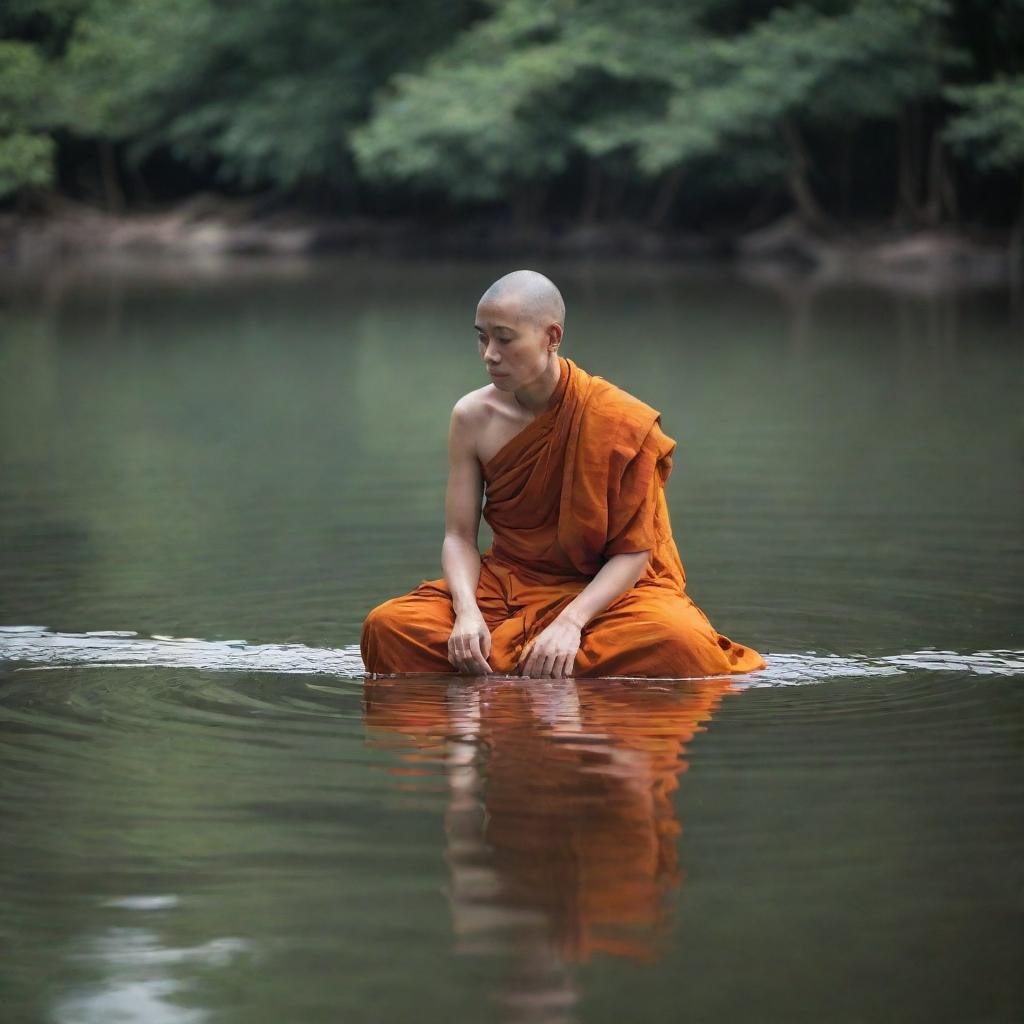 A monk sitting peacefully as if hovering on the surface of the water, creating an image of serenity and calm.