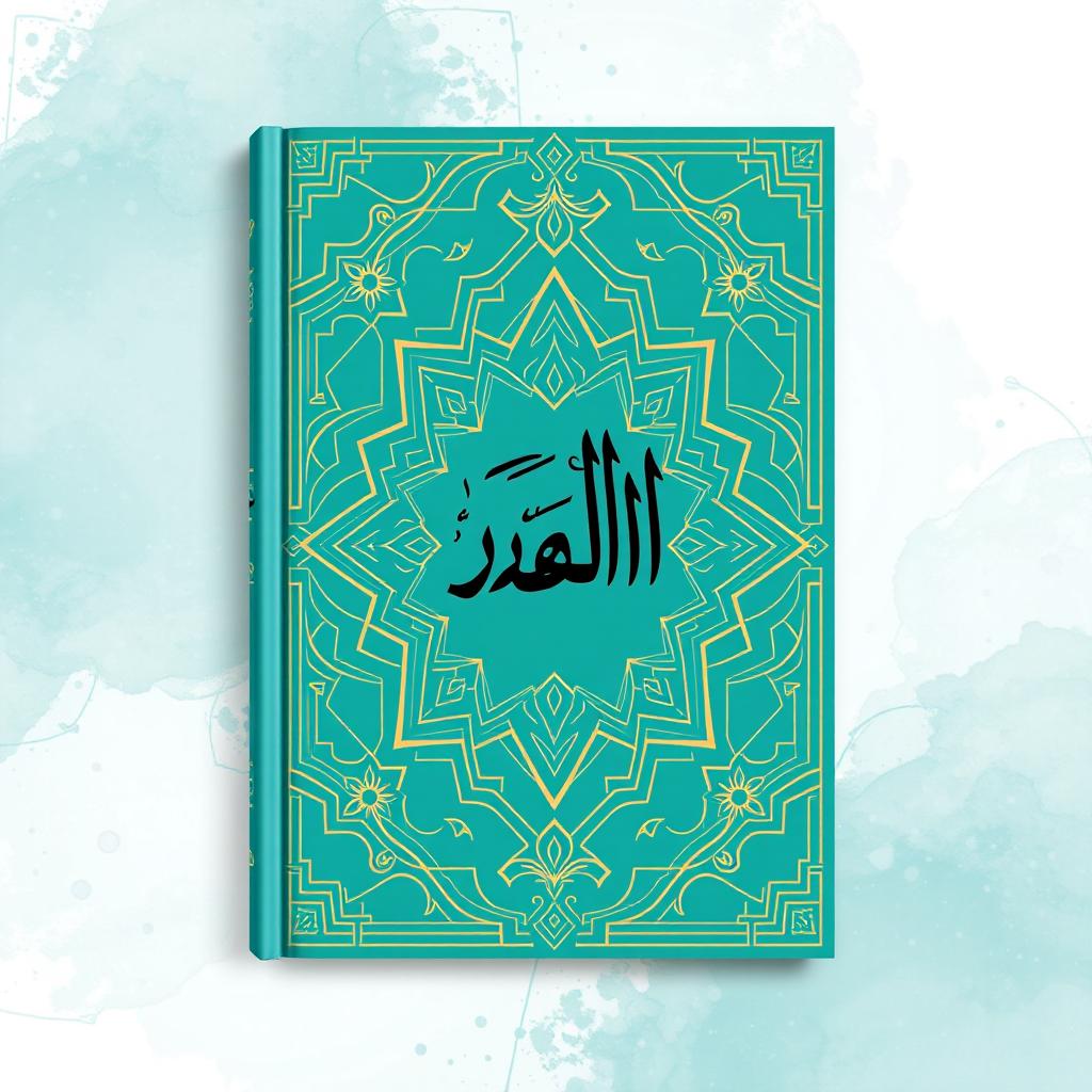 A modern Islamic book cover featuring intricate geometric patterns and arabesque designs in a sophisticated blend of turquoise, gold, and white