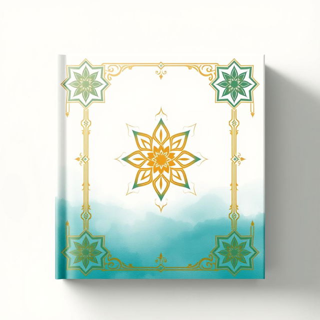 A modern Islamic book cover featuring intricate geometric patterns and arabesque designs in a sophisticated blend of turquoise, gold, and white