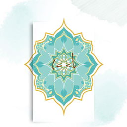 A modern Islamic book cover featuring intricate geometric patterns and arabesque designs in a sophisticated blend of turquoise, gold, and white