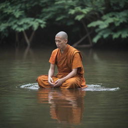 A monk sitting peacefully as if hovering on the surface of the water, creating an image of serenity and calm.