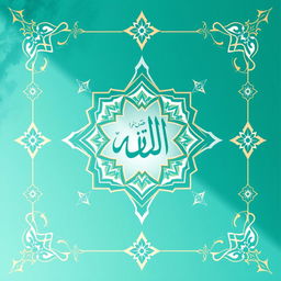 A modern Islamic book cover featuring intricate geometric patterns and arabesque designs in a sophisticated blend of turquoise, gold, and white