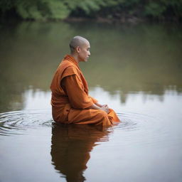 A monk sitting peacefully as if hovering on the surface of the water, creating an image of serenity and calm.