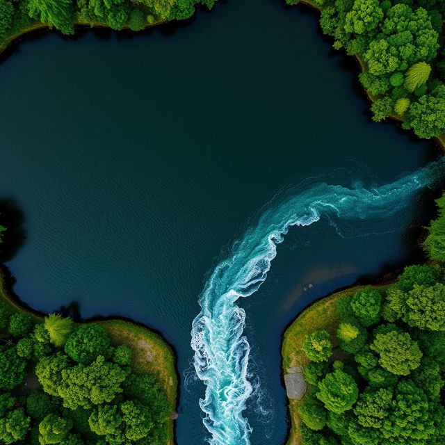 An aerial top view of a river flowing into a pond, captured in a 16 by 16 grid layout