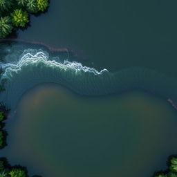 An aerial top view of a river flowing into a pond, captured in a 16 by 16 grid layout