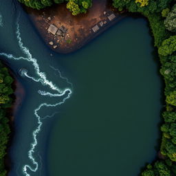 An aerial top view of a river flowing into a pond, captured in a 16 by 16 grid layout