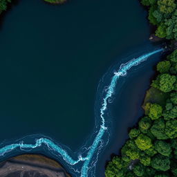 An aerial top view of a river flowing into a pond, captured in a 16 by 16 grid layout