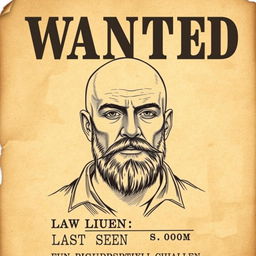 A realistic police sketch of a bald man with a beard, framed within the style of an old-fashioned wanted poster