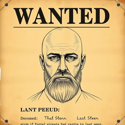 A realistic police sketch of a bald man with a beard, framed within the style of an old-fashioned wanted poster