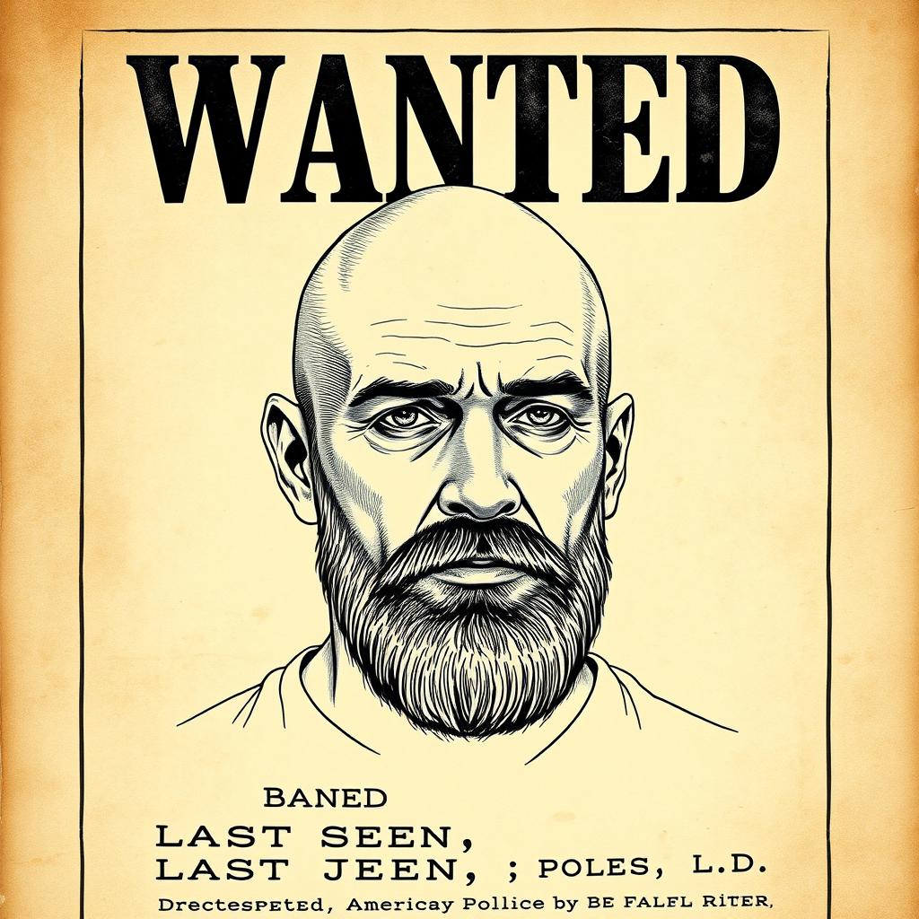 A realistic police sketch of a bald man with a beard, framed within the style of an old-fashioned wanted poster