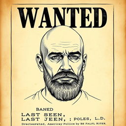 A realistic police sketch of a bald man with a beard, framed within the style of an old-fashioned wanted poster