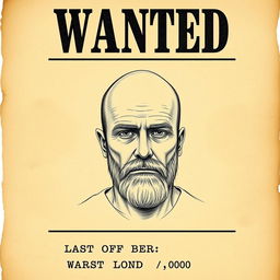 A realistic police sketch of a bald man with a beard, framed within the style of an old-fashioned wanted poster