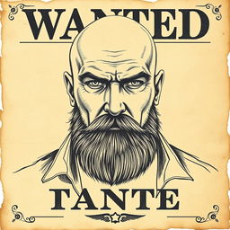 A detailed police sketch of a bald man with a thick beard, artistically rendered on an old-fashioned wanted poster