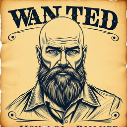 A detailed police sketch of a bald man with a thick beard, artistically rendered on an old-fashioned wanted poster