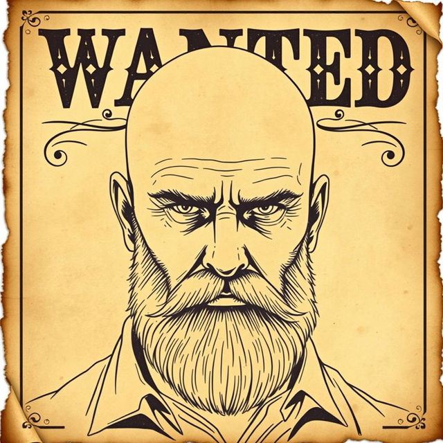 A detailed police sketch of a bald man with a thick beard, artistically rendered on an old-fashioned wanted poster