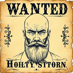 A detailed police sketch of a bald man with a thick beard, artistically rendered on an old-fashioned wanted poster