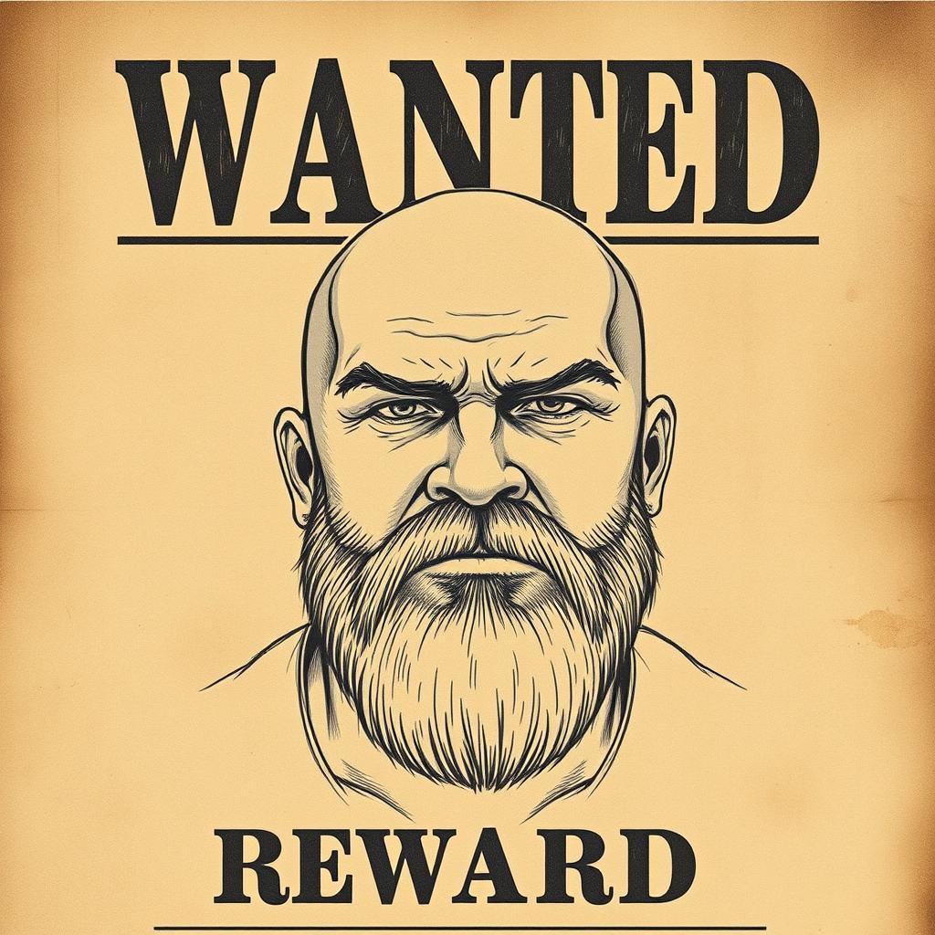 A police sketch featuring a muscular bald man with a thick beard