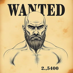 A police sketch featuring a muscular bald man with a thick beard