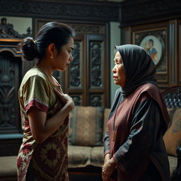 A dramatic scene depicting the theme of 'menantu durhaka', an Indonesian cultural concept symbolizing a rebellious or disrespectful daughter-in-law