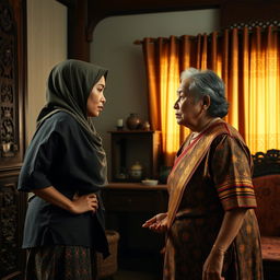 A dramatic scene depicting the theme of 'menantu durhaka', an Indonesian cultural concept symbolizing a rebellious or disrespectful daughter-in-law