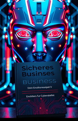 A futuristic AI face illuminated with luminous blue and fiery red lights, showcasing a blend of high-tech elements and professionalism