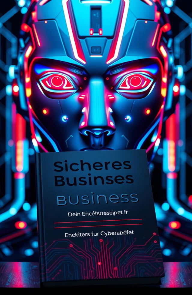 A futuristic AI face illuminated with luminous blue and fiery red lights, showcasing a blend of high-tech elements and professionalism