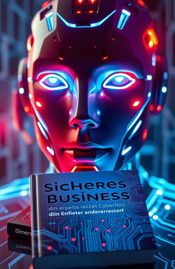 A futuristic AI face illuminated with luminous blue and fiery red lights, showcasing a blend of high-tech elements and professionalism