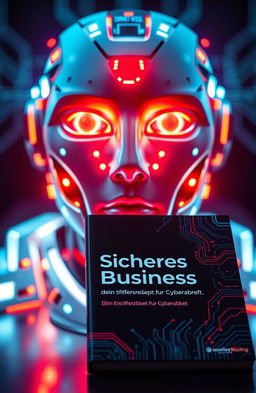 A futuristic AI face illuminated with luminous blue and fiery red lights, showcasing a blend of high-tech elements and professionalism