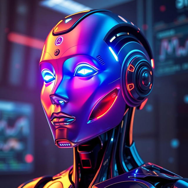 A striking image of an AI robot with its face glowing in bright, radiant hues