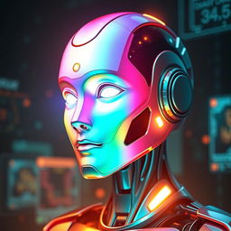 A striking image of an AI robot with its face glowing in bright, radiant hues