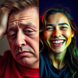 A split image depicting a tired person with notable eye bags on the left, contrasted with an energetic person smiling on the right