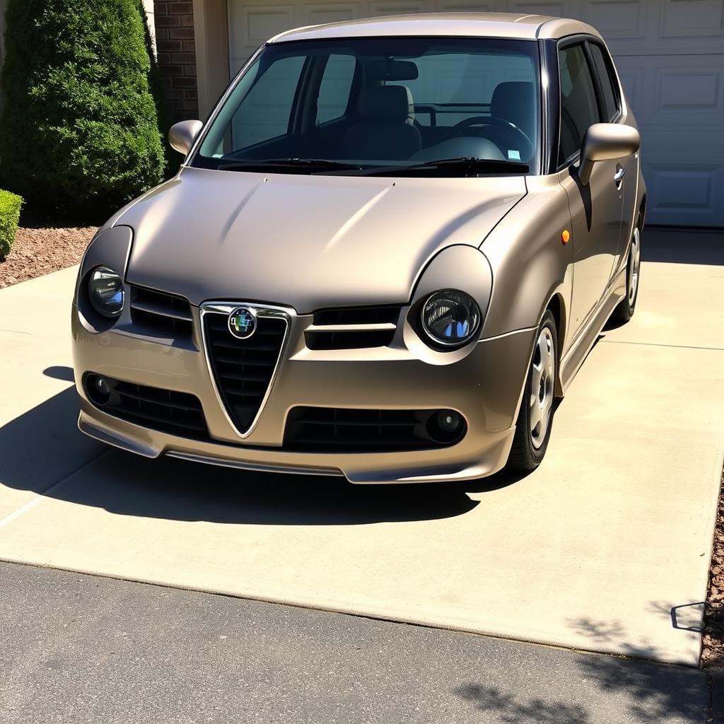 A customized car featuring the body of a 2002 Nissan Tsuru seamlessly merged with the front of a 1990 Alfa Romeo GT