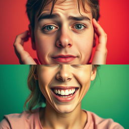 A vertically split image depicting a tired person with notable eye bags on the upper half, contrasted with an energetic person smiling on the lower half