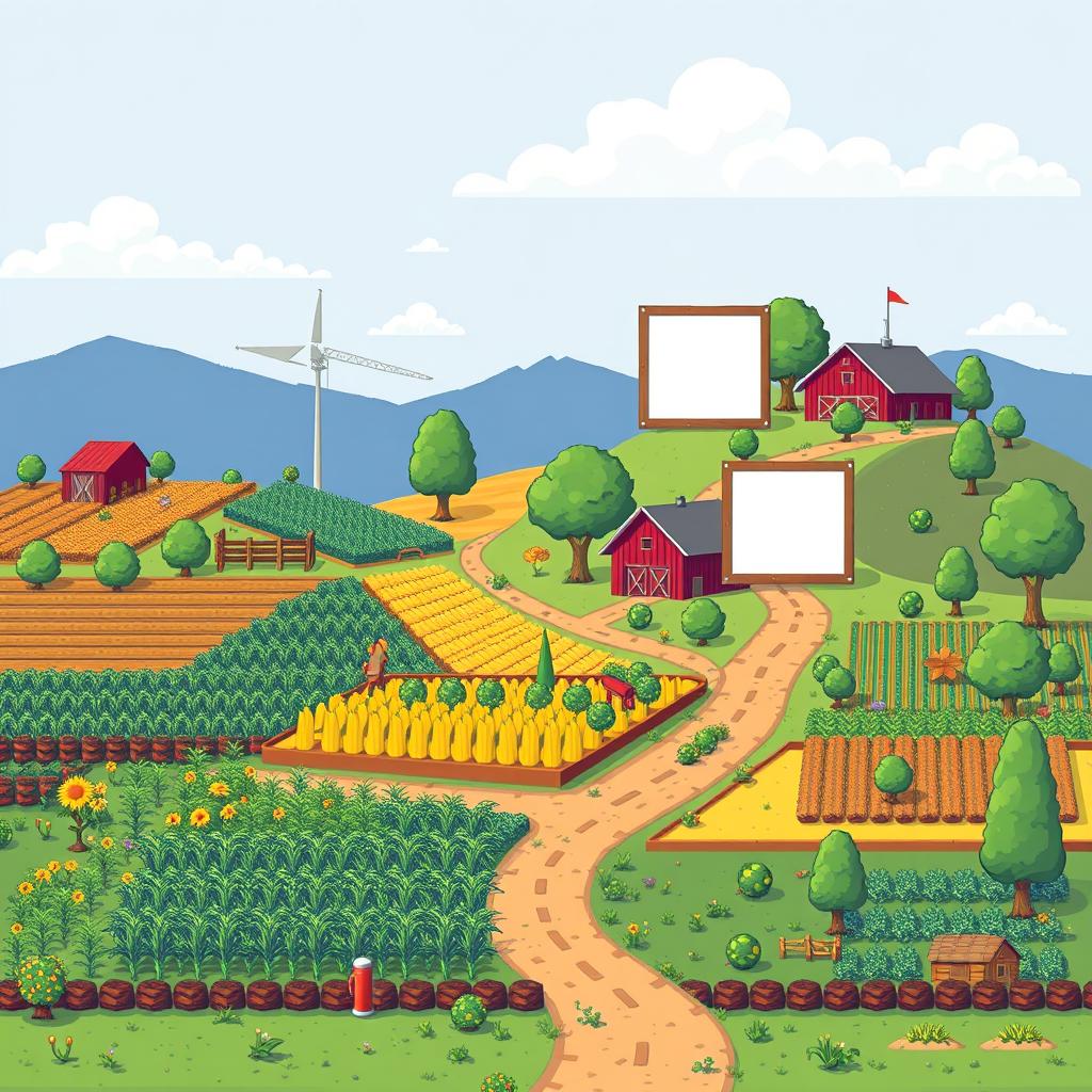 A pixel art roadmap for app development, designed in an agricultural style with plants