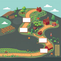 A pixel art roadmap for app development, designed in an agricultural style with plants