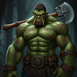 An orc character for Dungeons & Dragons, showcasing numerous scars on its muscular green skin which reflect its battle-hardened past