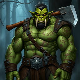 An orc character for Dungeons & Dragons, showcasing numerous scars on its muscular green skin which reflect its battle-hardened past