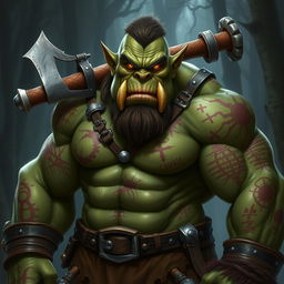 An orc character for Dungeons & Dragons, showcasing numerous scars on its muscular green skin which reflect its battle-hardened past