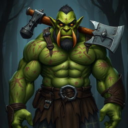 An orc character for Dungeons & Dragons, showcasing numerous scars on its muscular green skin which reflect its battle-hardened past