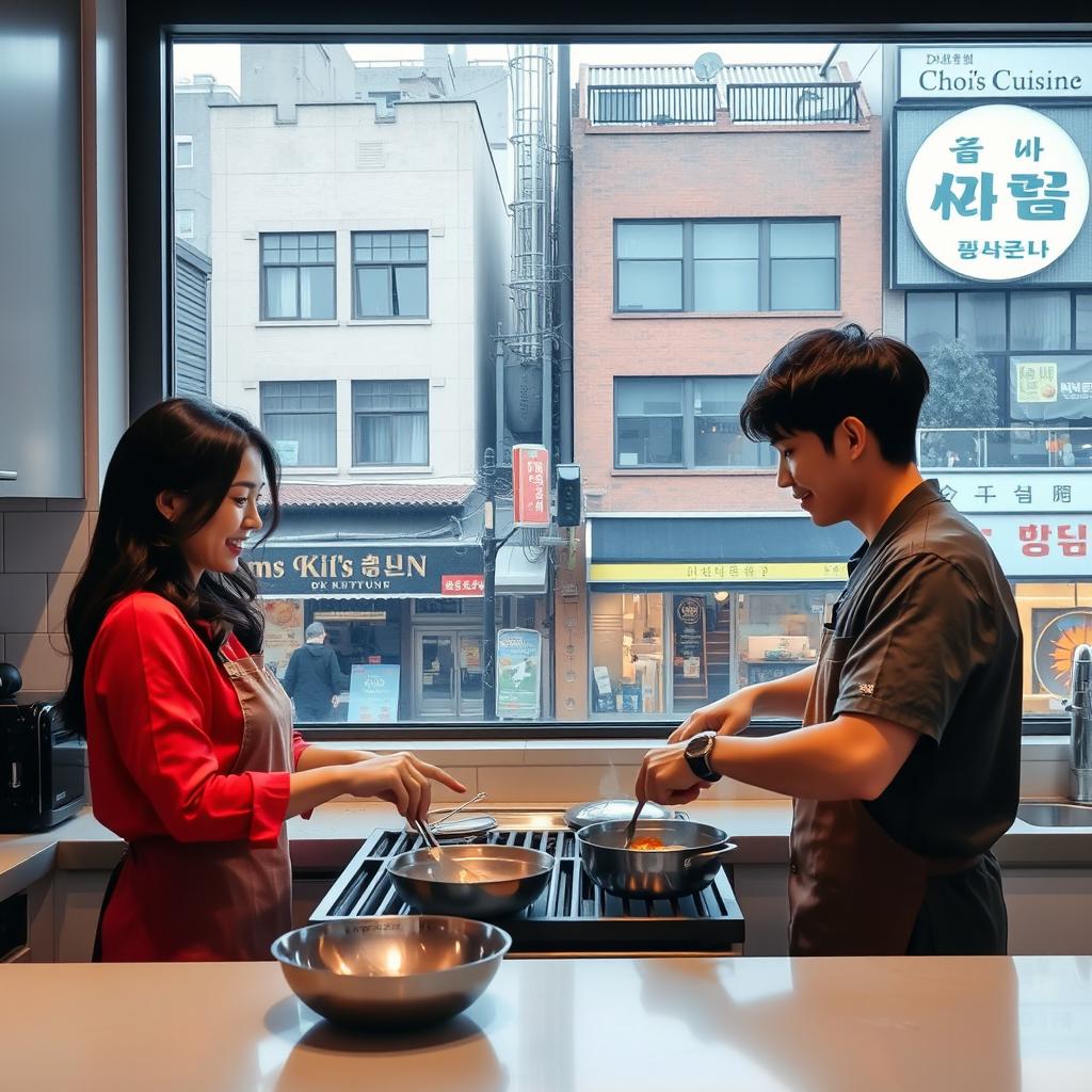 A woman and a Taehyung look-alike cooking together in a modern kitchen, with a jovial and collaborative atmosphere