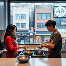 A woman and a Taehyung look-alike cooking together in a modern kitchen, with a jovial and collaborative atmosphere