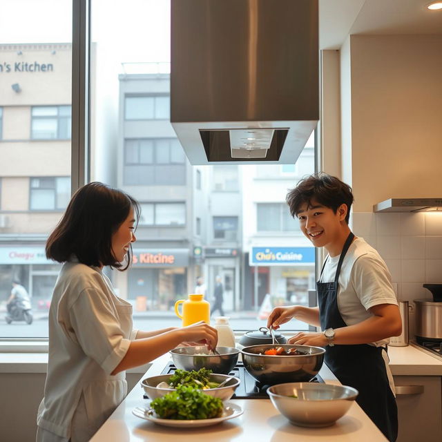 A woman and a Taehyung look-alike cooking together in a modern kitchen, with a jovial and collaborative atmosphere