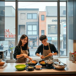 A woman and a Taehyung look-alike cooking together in a modern kitchen, with a jovial and collaborative atmosphere