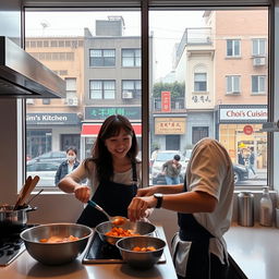 A woman and a Taehyung look-alike cooking together in a modern kitchen, with a jovial and collaborative atmosphere