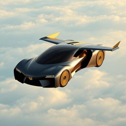 A flying car designed and manufactured in Ukraine, soaring through the skies with a sleek and futuristic design