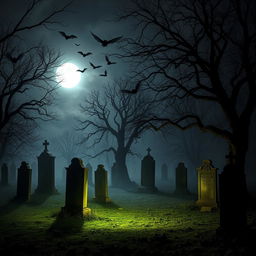 A spooky cemetery at night, enveloped in an eerie atmosphere