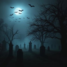 A spooky cemetery at night, enveloped in an eerie atmosphere