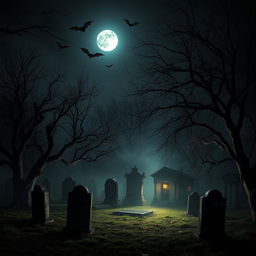 A spooky cemetery at night, enveloped in an eerie atmosphere