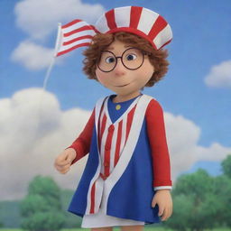 D.W., the character from Arthur, wearing a patriotic outfit demonstrating American pride. She's clad in red, white, and blue, with the American flag gracefully draped around her.